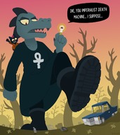 drawing giantess furry cat anthro color clothed text low_angle dress boots smoking reptile vehicles goth shoe_crush outdoors raised_foot vehicle_crush dialogue sharp_teeth imminent_crush scalie on_shoulder bea crocodile night_in_the_woods beatrice_santello stonerabbit