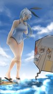 drawing giantess long_hair swimsuit bunny_ears beach blue_hair ponytail sandals looking_down outdoors ships bracelet cutaway nz