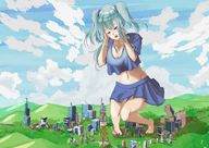 drawing giantess blushing city long_hair destruction buildings smiling twintails looking_down outdoors bare_midriff stillwel
