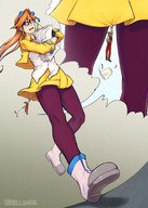 drawing color long_hair blue_eyes clothed skirt ribbon angry red_hair boots unaware running shrunken_man hair_ribbon ace_attorney hanging_on orange_hair no_background apollo_justice athena_cykes hollewdz