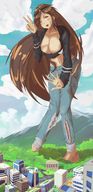 drawing gentle giantess blushing city color large_breasts long_hair clothed barefoot buildings brunette yellow_eyes mountains forest outdoors ripped_jeans peace_sign stillwel