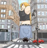 drawing city blonde large_breasts long_hair destruction buildings sitting outdoors big_butt cramped bare_midriff marmotap