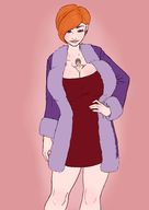 drawing blushing clothed cleavage huge_breasts smiling red_hair short_hair shrunken_man looking_down hand_on_hips no_background between_breasts marmotap