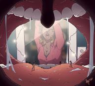 drawing vore color long_hair cleavage saliva brunette unaware shrunken_people open_mouth inside_mouth yawning zerohour99