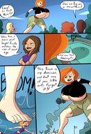 breasts drawing giantess mega comic color long_hair barefoot huge_breasts cheerleader kim_possible looking_down looking_up outdoors disney belt ripped_clothing dialogue panels football_field bare_midriff caiman2 bonnie_rockwaller