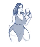 drawing black_hair large_breasts long_hair cleavage smiling shrunken_people thick_thighs on_shoulder no_background rhiaryoko