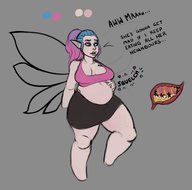 drawing vore large_breasts clothed cleavage fairy bbw inside_stomach dialogue thick_thighs multicolored_hair cutaway rhiaryoko