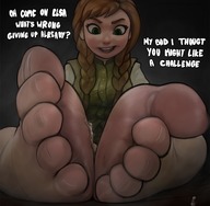 toes barefoot soles smiling shrunken_woman looking_down frozen freckles disney braid dialogue fooooly on_soles anna_(frozen) elsa_(frozen)