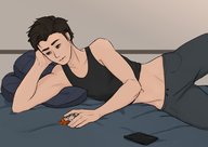 drawing bed brunette smiling lying_down short_hair shrunken_woman looking_down indoors bare_midriff gubblenub