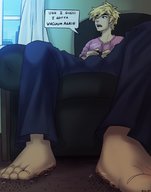 drawing crush blonde male barefoot blood short_hair sitting foot_crush bulge shrunken_people indoors crowds