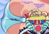 drawing growth panties upskirt blonde long_hair clothed butt_crush outgrowing_building sitting trapped pinned indoors striped_stockings alice_in_wonderland molotav dialogue cramped