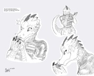 drawing gentle giantess furry tail anthro monochrome tongue clothed licking handheld military lizard uniform reptile scalie no_background looking_at_tiny boop narration serb sissach utoverse hetzer
