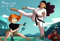 breasts drawing giantess mega color long_hair barefoot cleavage huge_breasts brunette stadium gloves red_hair kim_possible fighting giantesses dark_skin remote thighs fist palm_trees disney earrings belt ripped_clothing dialogue helmet karate_gi monique caiman2 hypnotized dracoknight545