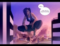 breasts drawing giantess mega black_hair color destruction ponytail looking_down dark_skin outdoors crouching dialogue midirff burisu_