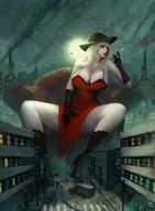 drawing giantess city blonde color long_hair clothed cleavage buildings huge_breasts boots sitting vehicles chair outdoors hat commission bare_legs shizen1102 vexmaelrin