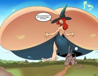 blushing long_hair clothed glasses huge_breasts castle smiling red_hair outdoors looking_back witch_hat sube_san