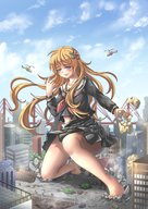 blushing city blonde long_hair destruction clothed barefoot buildings helicopter uniform outdoors nicetsukichi