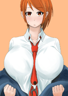 drawing blushing large_breasts climbing brunette short_hair tie shrunken_man no_background orenjii