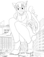 drawing tail city monochrome long_hair destruction cleavage glasses cat_ears tank smiling looking_down outdoors crouching