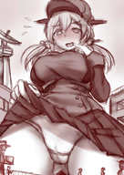 drawing giantess panties blushing upskirt monochrome large_breasts clothed smiling pigtails looking_down outdoors mejiro