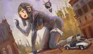 drawing giantess city black_hair color large_breasts butt clothed handheld buildings purple_eyes open_mouth vehicles outdoors hot_air_balloon vehicle_crush looking_at_tiny highlights kazo on_knees skintight_clothing delorean