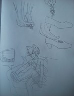 drawing monochrome handheld anime cat_ears in_shoe unknown_artist sitting foot_crush collar shrunken_woman cruel maid_uniform dangle under_foot bow crossdressing unwilling thigh_highs pressed shoe_insertion femboy rem cutaway re_zero felix_argyle