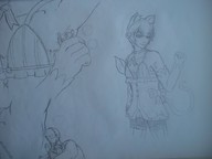 drawing monochrome clothed licking handheld anime cat_ears smiling unknown_artist collar shrunken_woman smelly crossdressing cat_boy femboy armpits ram re_zero felix_argyle