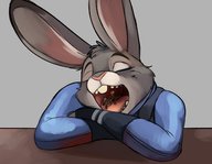 drawing furry anthro color clothed bunny fox police uniform shrunken_man open_mouth inside_mouth mouth_play disney closed_eyes on_table t-bone robomax judy_hopps zootopia nick_wilde police_officer