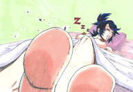 drawing nude sleeping black_hair ponytail lying_down short_hair unaware shrunken_man on_toe annahketsuno