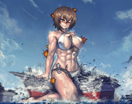drawing blushing large_breasts destruction saliva brunette sweat yilx short_hair muscles explosion jets outdoors ships inside_clothing