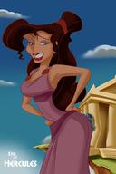 breasts drawing giantess mega color large_breasts long_hair butt destruction blue_eyes cleavage butt_crush brunette smiling meg ponytail dress blue_skin disney looking_back hands_on_hips hairband temple hercules megara kisparlius ruin hades_(disney)