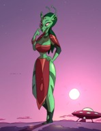 breasts drawing giga city alien color large_breasts long_hair cleavage skirt glasses spaceship green_hair ponytail sun pink_eyes looking_down standing top green_skin bare_legs antennae bare_midriff caiman2 picjusbro starleth
