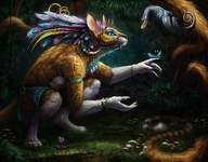 drawing furry cat color tongue smiling squatting surprise jungle outdoors crouching butterfly jewelry feathers frog looking_at_tiny coin colourful long_cat cunning exchange currency long_tail rainforest tiny_dragon big_eyes mischief bobbie_jean_pentecost