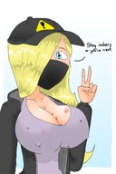 drawing blonde long_hair cleavage huge_breasts blood breast_crush mask hat kidmouse