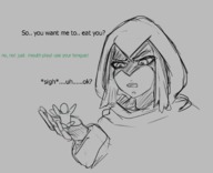 drawing nude monochrome tongue cum penis licking handheld raven teen_titans shrunken_man cartoon open_mouth willing mouth_play dialogue hood looking_at_tiny bluecbf