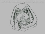 drawing nude monochrome tongue cum penis licking handheld raven teen_titans shrunken_man cartoon open_mouth willing mouth_play dialogue hood looking_at_tiny bluecbf
