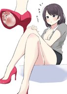 drawing feet blushing color clothed toes cleavage high_heels soles anime in_shoe sitting shrunken_man between_toes raised_foot see_through legs_crossed preesoul cutaway