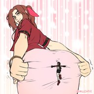 drawing brunette smiling ponytail bending_over shrunken_woman looking_back big_butt hanging_on hollewdz