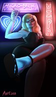 drawing blonde long_hair cleavage smiling sitting looking_down drinking indoors inside_clothing hanging_on tinyaoife