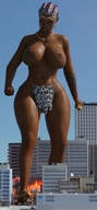 giantess white_hair city destruction huge_breasts topless walking looking_down vehicles dark_skin outdoors raised_foot running_away digital_render