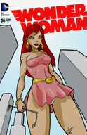 drawing giantess panties city mega upskirt color large_breasts long_hair blue_eyes buildings giganta red_hair dress looking_down comic_cover outdoors wonder_woman earrings looking_at_viewer belt lamppost inspector97 dc_comics