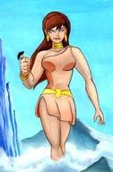 drawing giantess mega black_hair color blue_eyes handheld giganta red_hair ponytail dress mountains outdoors costume wonder_woman earrings belt dc_comics bare_legs grim1978