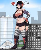 drawing giantess city black_hair color buildings huge_breasts smiling short_hair boots heart headphones outdoors striped_stockings crowds thick_thighs bare_midriff