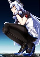 white_hair destruction high_heels smiling squatting cloud sky body_suit kantai_collection murakumo_(kantai collection) huge_giantess rakia_(ds00309)