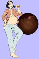 drawing vore black_hair barefoot cleavage smiling short_hair bbw eating sandwich hairband no_background leswaet