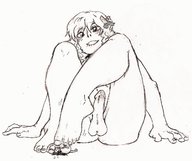 drawing gentle nude feet monochrome long_hair giant penis toes barefoot anime sitting foot_play between_toes under_foot bow femboy ryo_macro ednem