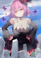 drawing city cleavage huge_breasts pink_hair dress short_hair jets hat lucid maplestory butterflies yamadu_2d po9inted_ears