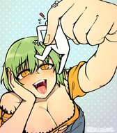 breasts drawing color tongue handheld saliva yellow_eyes green_hair imminent_vore hollewdz