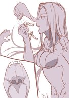 drawing vore monochrome long_hair handheld fangs shrunken_man open_mouth imminent_vore no_background gorgon cutaway fate_(series) snakes