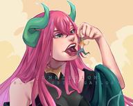 drawing vore horns color long_hair tongue handheld green_eyes pink_hair fangs open_mouth dangle commission source_needed imminent_vore looking_at_tiny blehc_austin_gaylor
